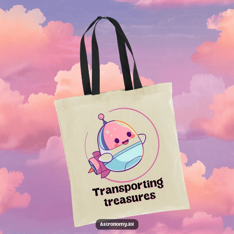 Funny Tote Bag: A Cheerful Spaceship Character Doing a Loop-de-Loop, perfect for carrying essentials with a playful vibe. A great gift.
