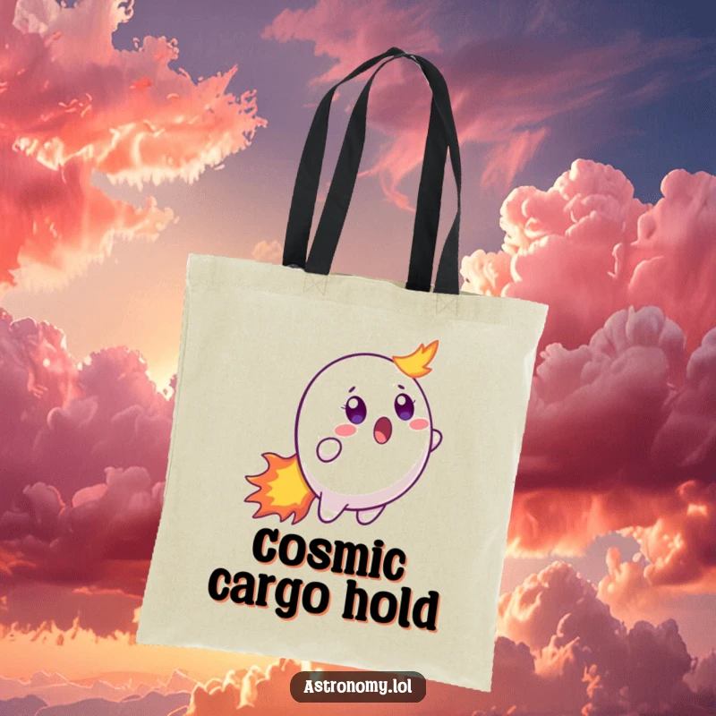 Funny tote bag featuring a surprised comet character with a huge gasp and a bright, fiery tail, perfect for everyday use.