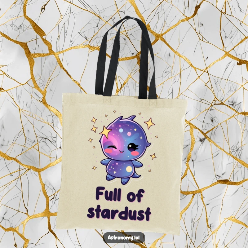 Winking galaxy character swirling with cheerful stardust on a durable tote bag, a sparkling and practical accessory.
