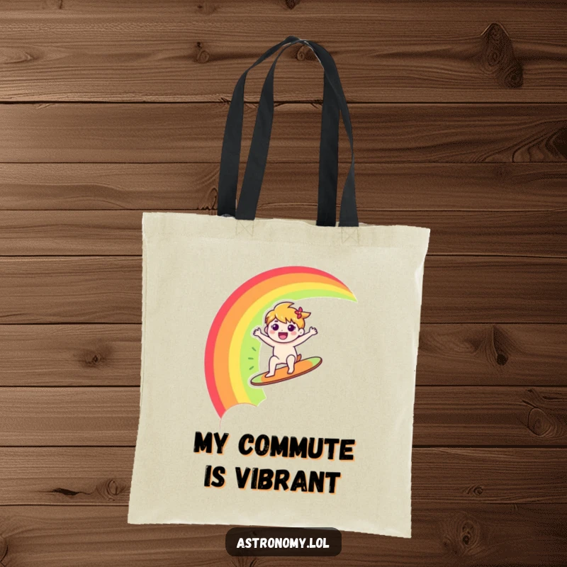 Funny tote bag showing a happy character joyfully surfing a rainbow across the sky, symbolizing happiness and vibrant journeys.
