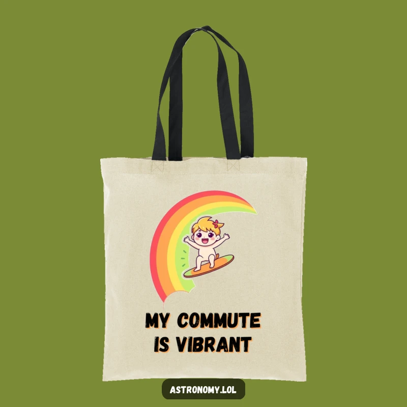 Funny Rainbow Tote Bag: Happy Character Surfs Rainbow, Practical Funny Gift
