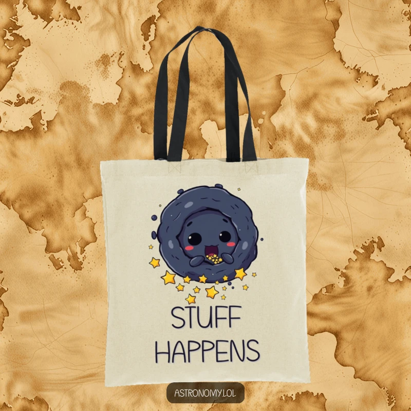 Funny Tote Bag: A Mischievous Black Hole Character Sucking in Stars, perfect for carrying essentials with cosmic humor. A great gift.
