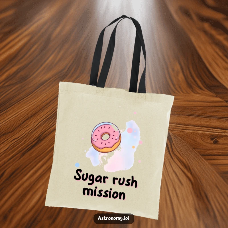 Funny tote bag: A donut wearing an astronaut helmet floats in a nebula, a humorous and stylish accessory.